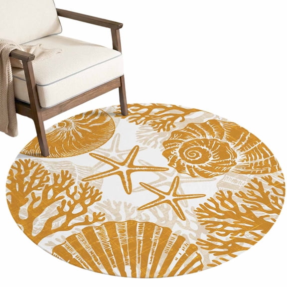 Washable Round Rugs 5ft Yellow Orange Coastal Starfish Circle Rug Non-Slip Low-Profile Summer Coral Shell Nautical Beach Large Area Rug Carpet for Living Room Bedroom Dining Room Home Decor