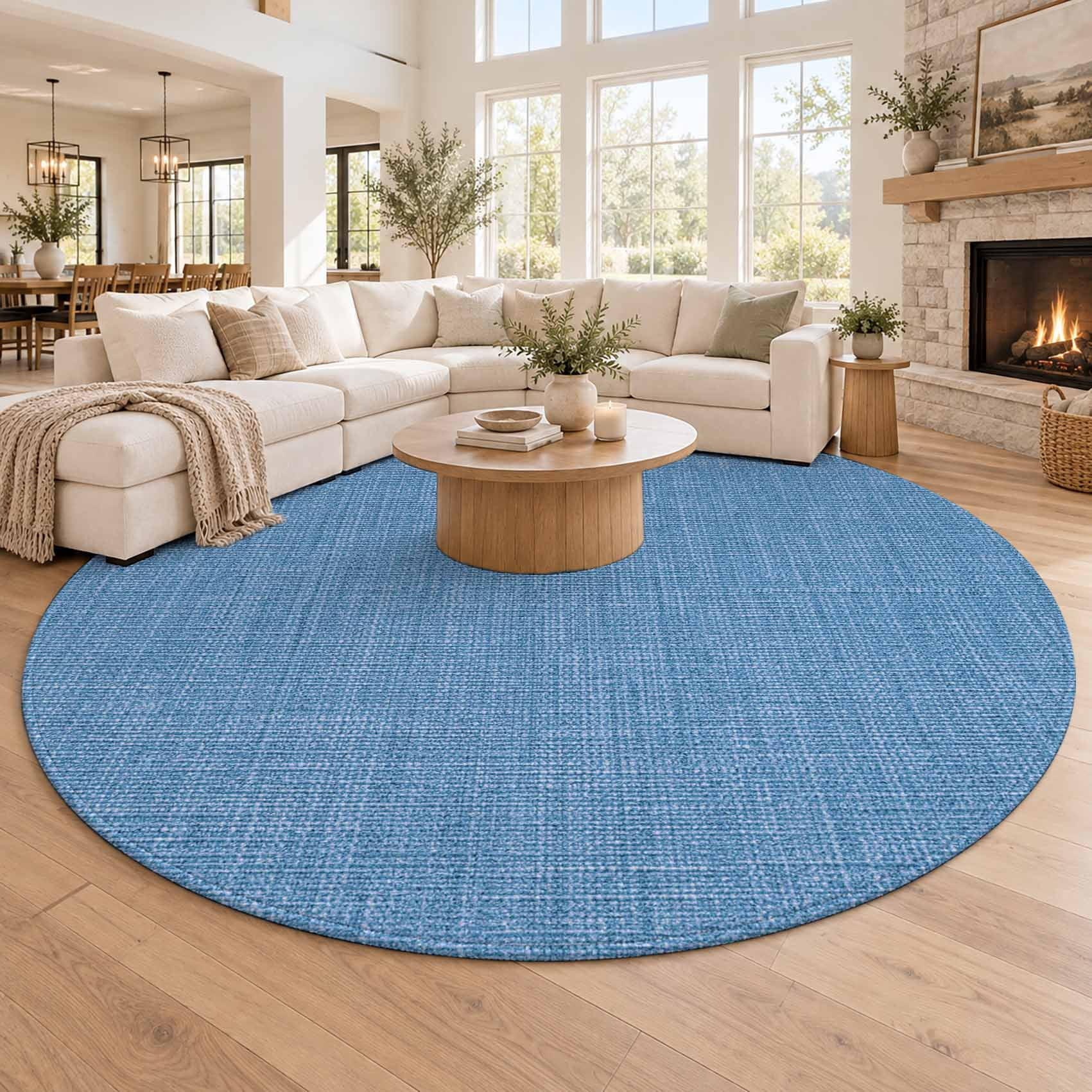 Washable Round Rugs 7 Ft, Blue Burlap Texture Large Circle Area Rug Non ...