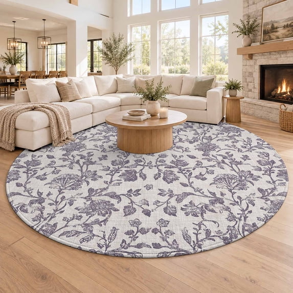 Washable Round Rugs 7 Ft, Purple Floral Leaf Large Circle Area Rug Non ...