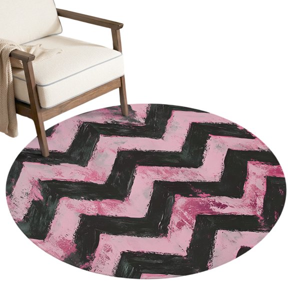 Washable Round Rugs 7ft Abstract Pink Circle Rug Non-Slip Soft Non-Shedding Low-Profile Geometric Zigzag Waves Bohemian Stripes Large Area Rug Carpet for Living Room Bedroom Dining Room Home Decor