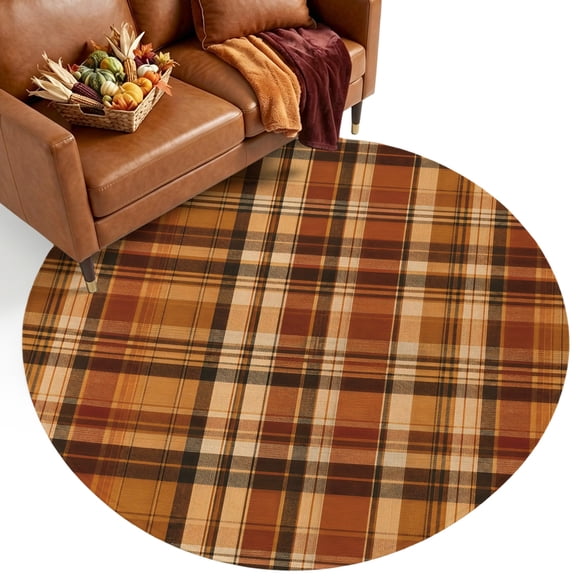 Washable Round Rugs 7ft Orange Buffalo Plaid Circle Rug Non-Slip Soft Non-Shedding Low-Profile Fall Thanksgiving Checkered Large Area Rug Carpet for Living Room Bedroom Dining Room Home Decor