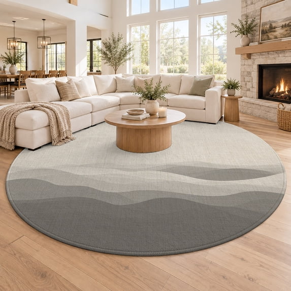Washable Round Rugs 8 Ft, Grey Beige Ombre Large Circle Area Rug Non ...