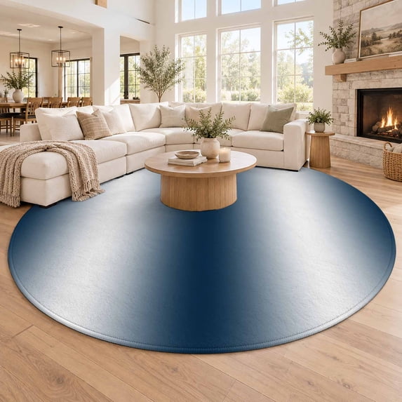Washable Round Rugs 8 Ft, Ombre Dark Blue Large Circle Area Rug Non ...
