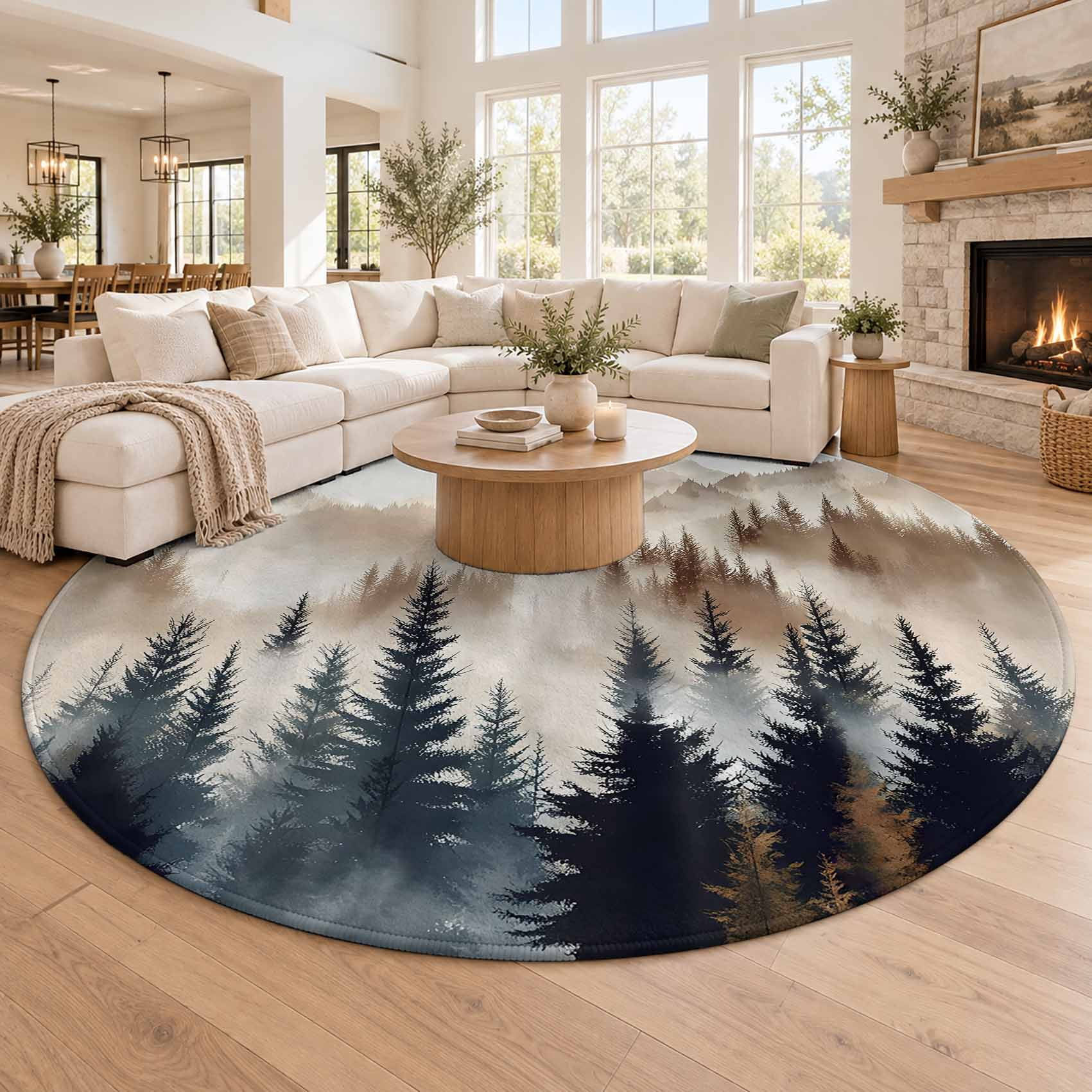 Washable Round Rugs 8 Ft, Tan Trees Forest Large Circle Area Rug Non ...