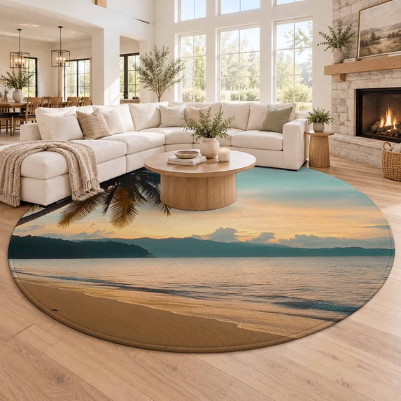Washable Round Rugs 8 Ft, Tropical Palm Large Circle Area Rug Non-Slip ...