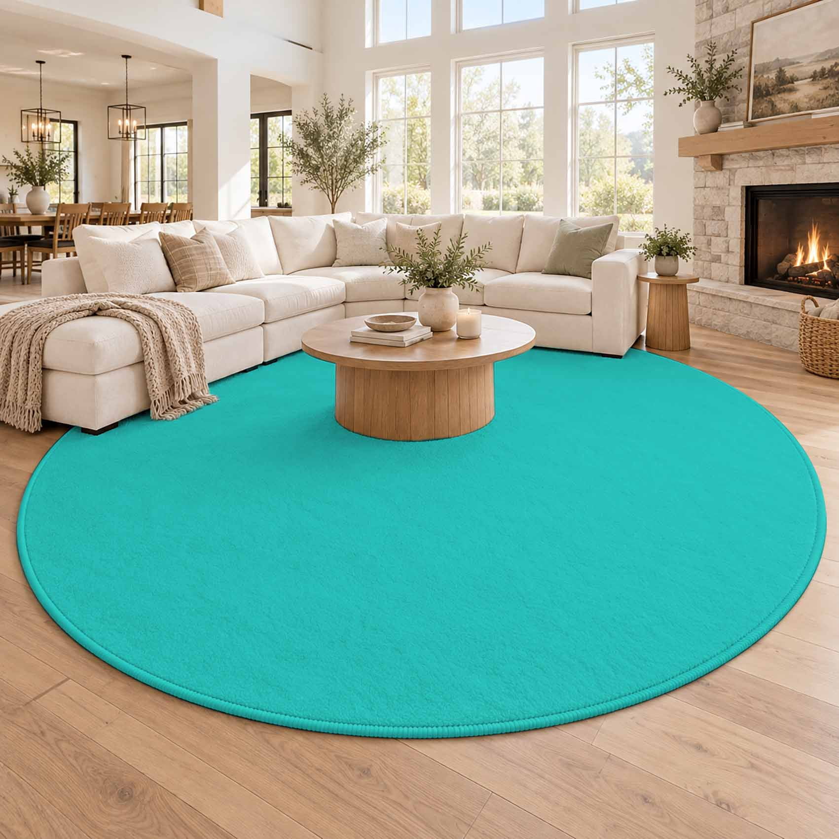 Washable Round Rugs 8 Ft, Turquoise Large Circle Area Rug Non-Slip ...