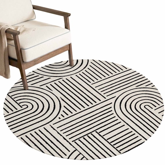 Washable Round Rugs 8ft Black Boho Circle Rug Non-Slip Soft Non-Shedding Low-Profile Abstract Geometric Curves Lines Modern Large Area Rug Carpet for Living Room Bedroom Dining Room Home Decor