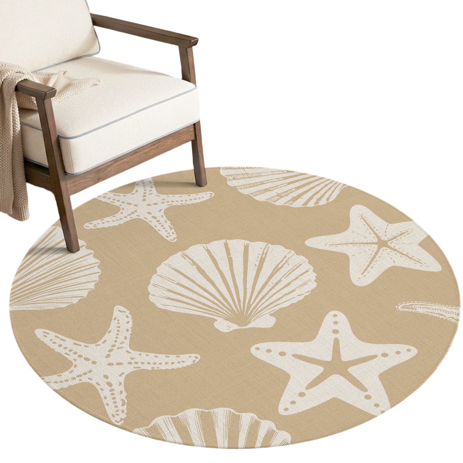 Shell Shaped Rug Extra Large Washable Round Rugs 8ft Tan Coastal Starfish Circle Rug Non-Slip Soft ...