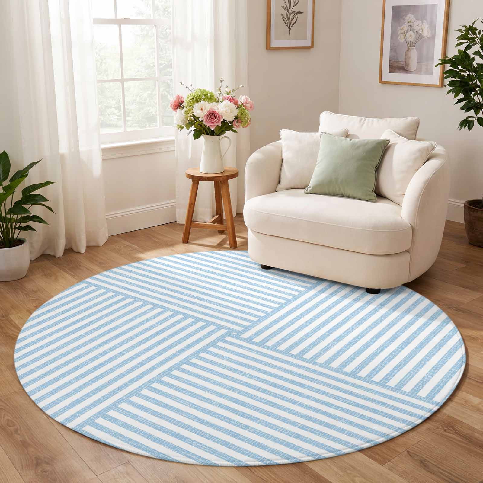Washable Round Rugs 8ft, White Blue Plaid Striped Non-Slip Indoor ...