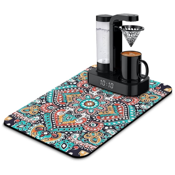 Washable Rubber Boho Abstract Art Vintage Dish Drying Mats for Kitchen Counter Home Large Coffee Bar Pad Accessories and Decor for Utensils Stemware 23.5''x15.5''