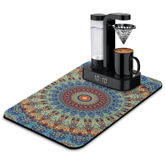 Washable Rubber Boho Abstract Art Vintage Dish Drying Mats for Kitchen Counter Home Large Coffee Bar Pad Accessories and Decor for Utensils Stemware 23.5''x15.5''