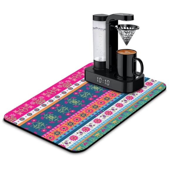 Washable Rubber Boho Floral Patchwork Drying Mats for Kitchen Counter Home Large Coffee Bar Pad Accessories and Decor for Utensils Stemware 23.5''x15.5''