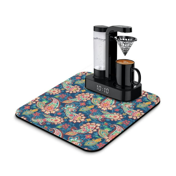 Washable Rubber Boho Floral Retro Dish Drying Mats for Kitchen Counter Home Large Coffee Bar Pad Accessories and Decor for Utensils Stemware 16''x18''