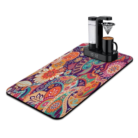 Washable Rubber Boho Style Vintage Floral Dish Drying Mats for Kitchen Counter Home Large Coffee Bar Pad Accessories and Decor for Utensils Stemware 17''x31.5''