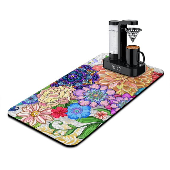 Washable Rubber Boho Style Vintage Floral Dish Drying Mats for Kitchen Counter Home Large Coffee Bar Pad Accessories and Decor for Utensils Stemware 17''x31.5''