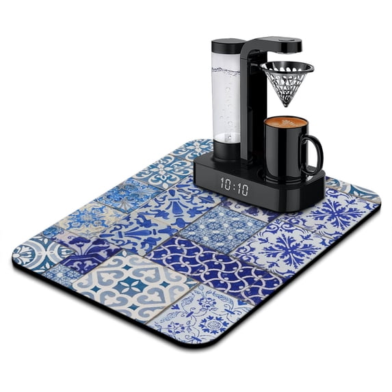 Washable Rubber Boho Style Vintage Floral Dish Drying Mats for Kitchen Counter Home Large Coffee Bar Pad Accessories and Decor for Utensils Stemware 18''x24''