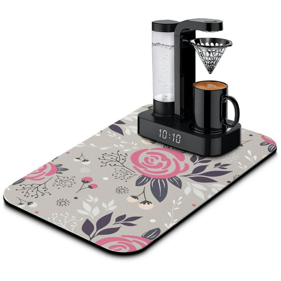 Washable Rubber Colorful Floral Dish Drying Mats for Kitchen Counter Home Large Coffee Bar Pad Accessories and Decor for Utensils Stemware 19.5''x12''