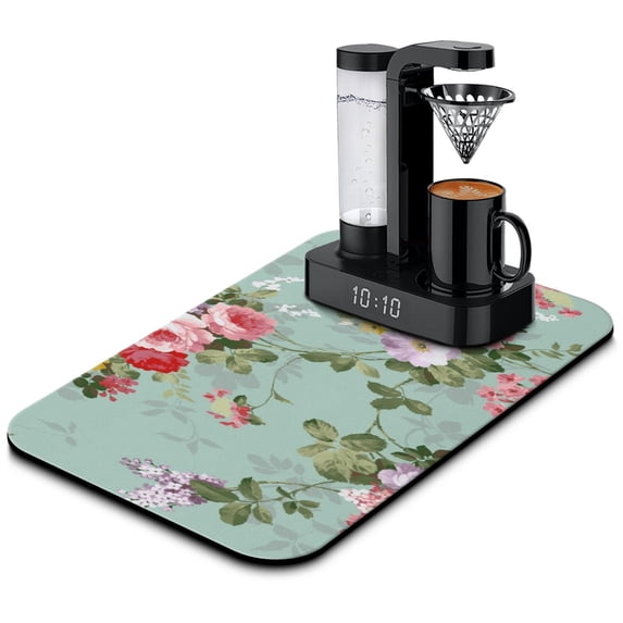 Washable Rubber Colorful Floral Dish Drying Mats for Kitchen Counter Home Large Coffee Bar Pad Accessories and Decor for Utensils Stemware 19.5''x12''