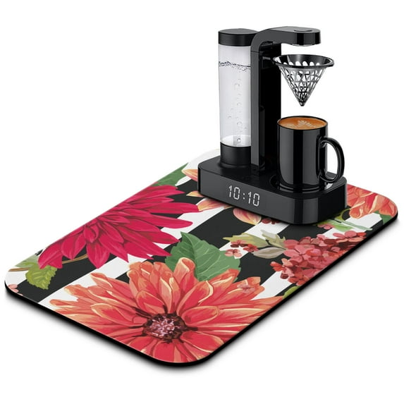 Washable Rubber Colorful Floral Dish Drying Mats for Kitchen Counter Home Large Coffee Bar Pad Accessories and Decor for Utensils Stemware 19.5''x12''