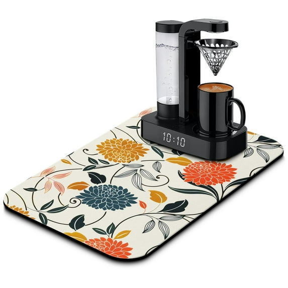 Washable Rubber Colorful Floral Dish Drying Mats for Kitchen Counter Home Large Coffee Bar Pad Accessories and Decor for Utensils Stemware 19.5''x12''