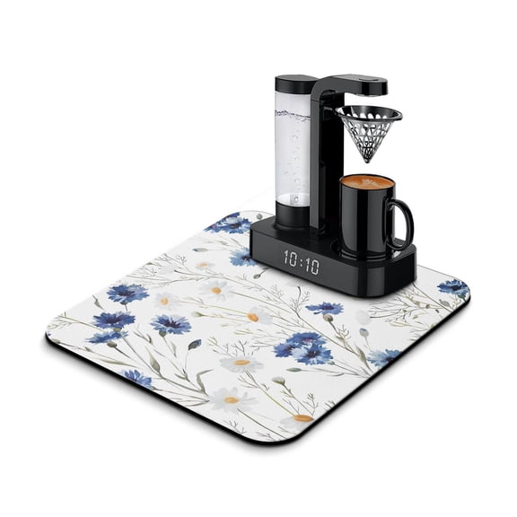 Washable Rubber Daisy Cute Floral Dish Drying Mats for Kitchen Counter Home Large Coffee Bar Pad Accessories and Decor for Utensils Stemware 16''x18''