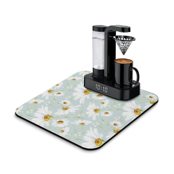 Washable Rubber Daisy Cute Floral Dish Drying Mats for Kitchen Counter Home Large Coffee Bar Pad Accessories and Decor for Utensils Stemware 16''x18''