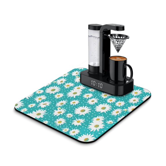 Washable Rubber Daisy Cute Floral Dish Drying Mats for Kitchen Counter Home Large Coffee Bar Pad Accessories and Decor for Utensils Stemware 16''x18''