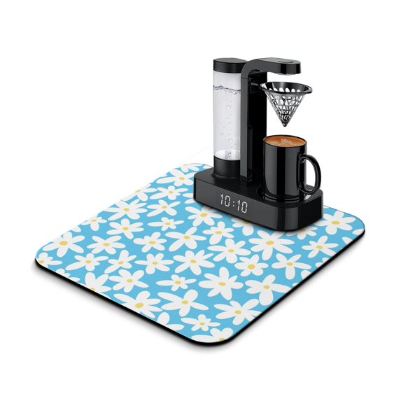Washable Rubber Daisy Cute Floral Dish Drying Mats for Kitchen Counter Home Large Coffee Bar Pad Accessories and Decor for Utensils Stemware 16''x18''