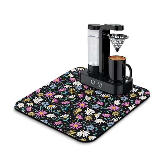 Washable Rubber Daisy Cute Floral Dish Drying Mats for Kitchen Counter Home Large Coffee Bar Pad Accessories and Decor for Utensils Stemware 16''x18''