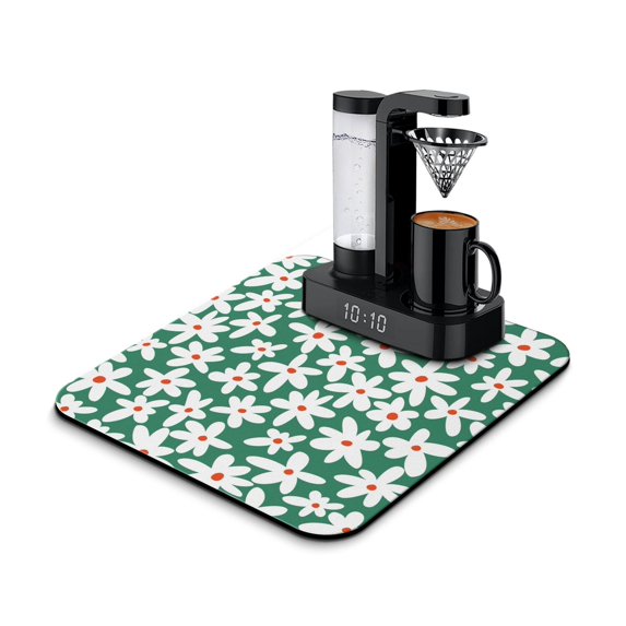 Washable Rubber Daisy Cute Floral Dish Drying Mats for Kitchen Counter Home Large Coffee Bar Pad Accessories and Decor for Utensils Stemware 16''x18''