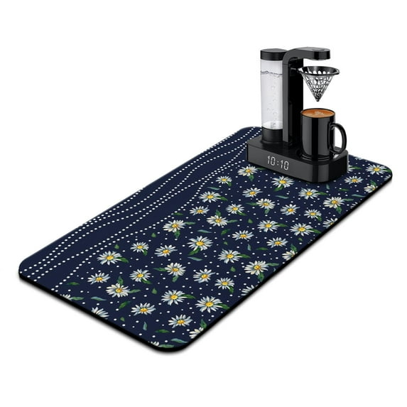 Washable Rubber Daisy Cute Floral Dish Drying Mats for Kitchen Counter Home Large Coffee Bar Pad Accessories and Decor for Utensils Stemware 17''x31.5''
