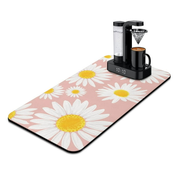Washable Rubber Daisy Cute Floral Dish Drying Mats for Kitchen Counter Home Large Coffee Bar Pad Accessories and Decor for Utensils Stemware 17''x31.5''