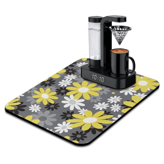 Washable Rubber Daisy Cute Floral Dish Drying Mats for Kitchen Counter Home Large Coffee Bar Pad Accessories and Decor for Utensils Stemware 18''x24''