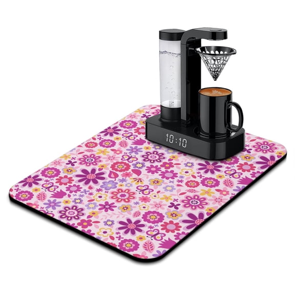 Washable Rubber Daisy Cute Floral Dish Drying Mats for Kitchen Counter Home Large Coffee Bar Pad Accessories and Decor for Utensils Stemware 18''x24''