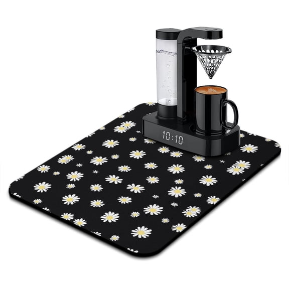 Washable Rubber Daisy Cute Floral Dish Drying Mats for Kitchen Counter Home Large Coffee Bar Pad Accessories and Decor for Utensils Stemware 18''x24''