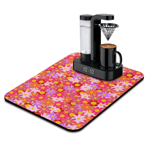 Washable Rubber Daisy Cute Floral Dish Drying Mats for Kitchen Counter Home Large Coffee Bar Pad Accessories and Decor for Utensils Stemware 18''x24''