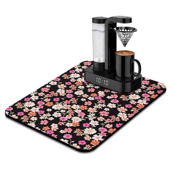 Washable Rubber Daisy Cute Floral Dish Drying Mats for Kitchen Counter Home Large Coffee Bar Pad Accessories and Decor for Utensils Stemware 18''x24''