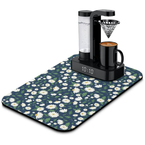 Washable Rubber Daisy Cute Floral Dish Drying Mats for Kitchen Counter Home Large Coffee Bar Pad Accessories and Decor for Utensils Stemware 19.5''x12''