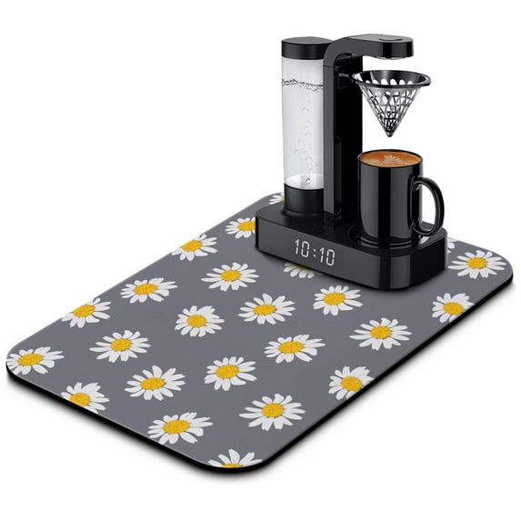 Washable Rubber Daisy Cute Floral Dish Drying Mats for Kitchen Counter Home Large Coffee Bar Pad Accessories and Decor for Utensils Stemware 19.5''x12''