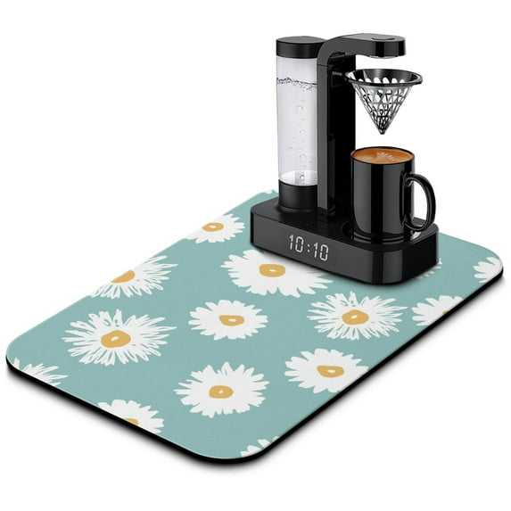 Washable Rubber Daisy Cute Floral Dish Drying Mats for Kitchen Counter Home Large Coffee Bar Pad Accessories and Decor for Utensils Stemware 19.5''x12''