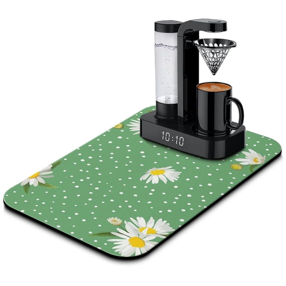 Washable Rubber Daisy Cute Floral Dish Drying Mats for Kitchen Counter Home Large Coffee Bar Pad Accessories and Decor for Utensils Stemware 19.5''x12''