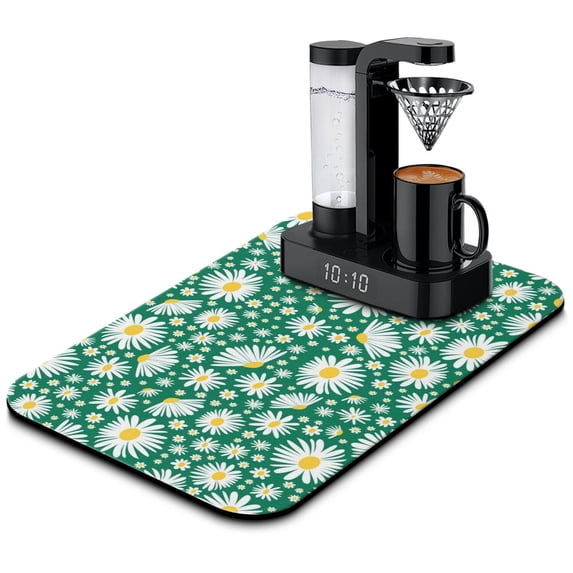 Washable Rubber Daisy Cute Floral Dish Drying Mats for Kitchen Counter Home Large Coffee Bar Pad Accessories and Decor for Utensils Stemware 19.5''x12''