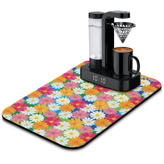 Washable Rubber Daisy Cute Floral Dish Drying Mats for Kitchen Counter Home Large Coffee Bar Pad Accessories and Decor for Utensils Stemware 19.5''x12''