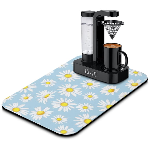 Washable Rubber Daisy Cute Floral Dish Drying Mats for Kitchen Counter Home Large Coffee Bar Pad Accessories and Decor for Utensils Stemware 19.5''x12''