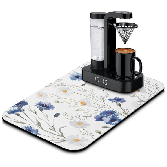 Washable Rubber Daisy Cute Floral Dish Drying Mats for Kitchen Counter Home Large Coffee Bar Pad Accessories and Decor for Utensils Stemware 19.5''x12''