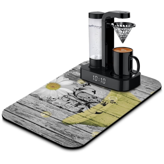 Washable Rubber Daisy Cute Floral Dish Drying Mats for Kitchen Counter Home Large Coffee Bar Pad Accessories and Decor for Utensils Stemware 19.5''x12''
