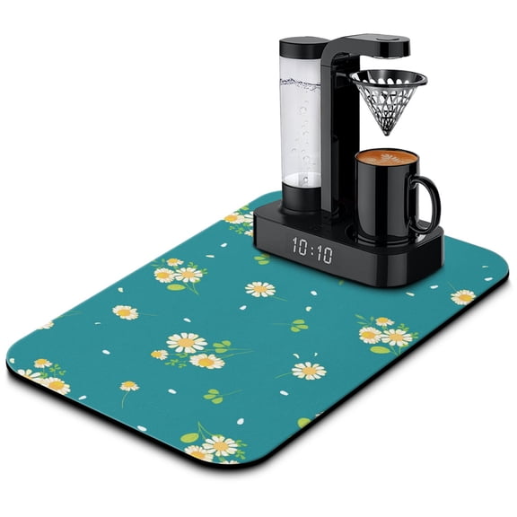 Washable Rubber Daisy Cute Floral Dish Drying Mats for Kitchen Counter Home Large Coffee Bar Pad Accessories and Decor for Utensils Stemware 19.5''x12''
