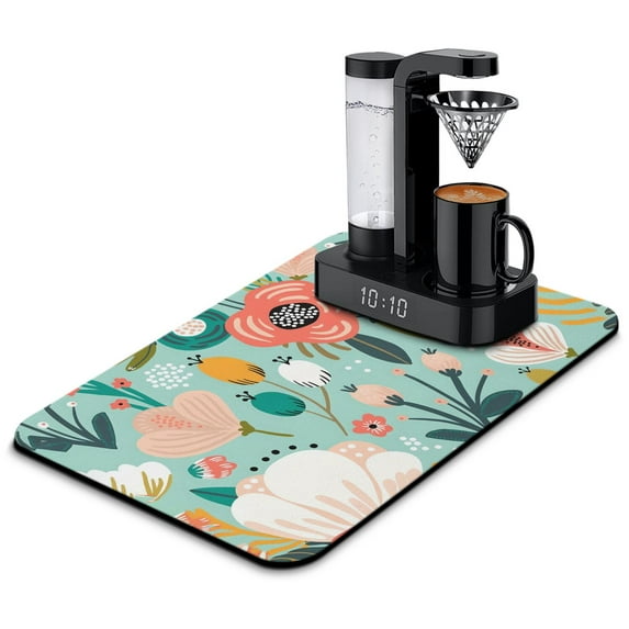 Washable Rubber Leaves Multicolored Flower Dish Drying Mats for Kitchen Counter Home Large Coffee Bar Pad Accessories and Decor for Utensils Stemware 23.5''x15.5''