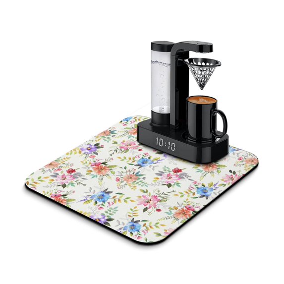 Washable Rubber Multicolored Floral Dish Drying Mats for Kitchen Counter Home Large Coffee Bar Pad Accessories and Decor for Utensils Stemware 16''x18''
