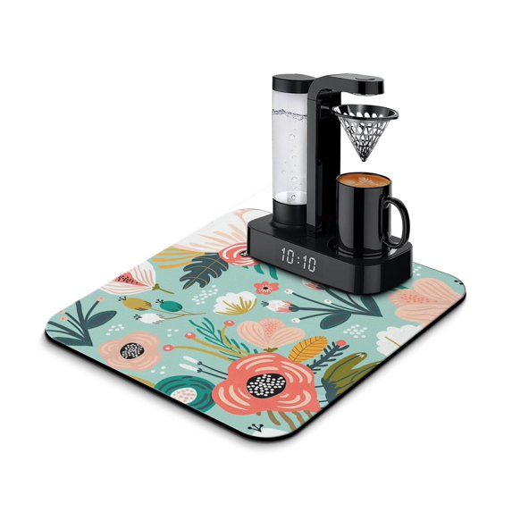 Washable Rubber Multicolored Floral Dish Drying Mats for Kitchen Counter Home Large Coffee Bar Pad Accessories and Decor for Utensils Stemware 16''x18''